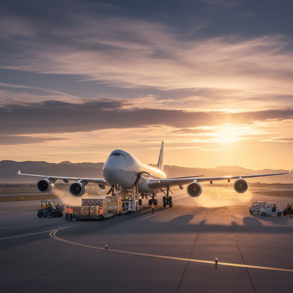 Cargo aircraft on tarmac with freight containers being loaded, sunset sky